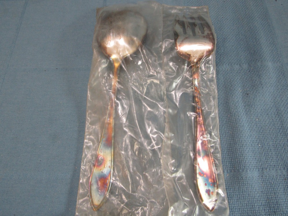Vtg ROGERS silverplate Serving set Salad Large Spoon Fork Tarnished still in pkg