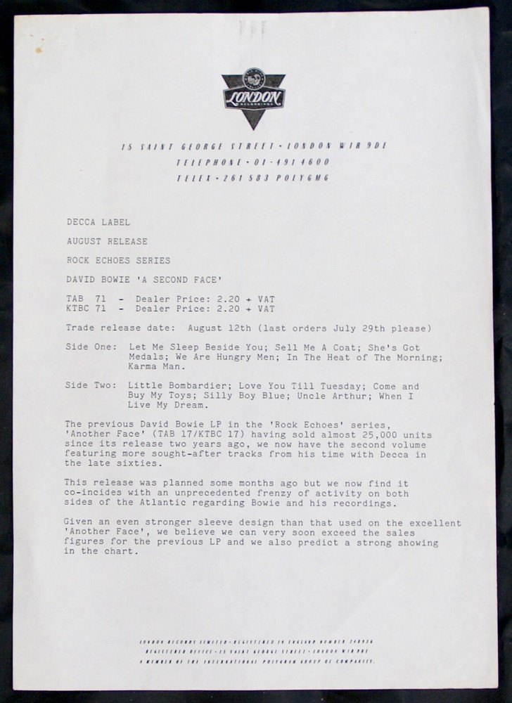 David Bowie Press Release Vintage Decca Records A Second Face 1983