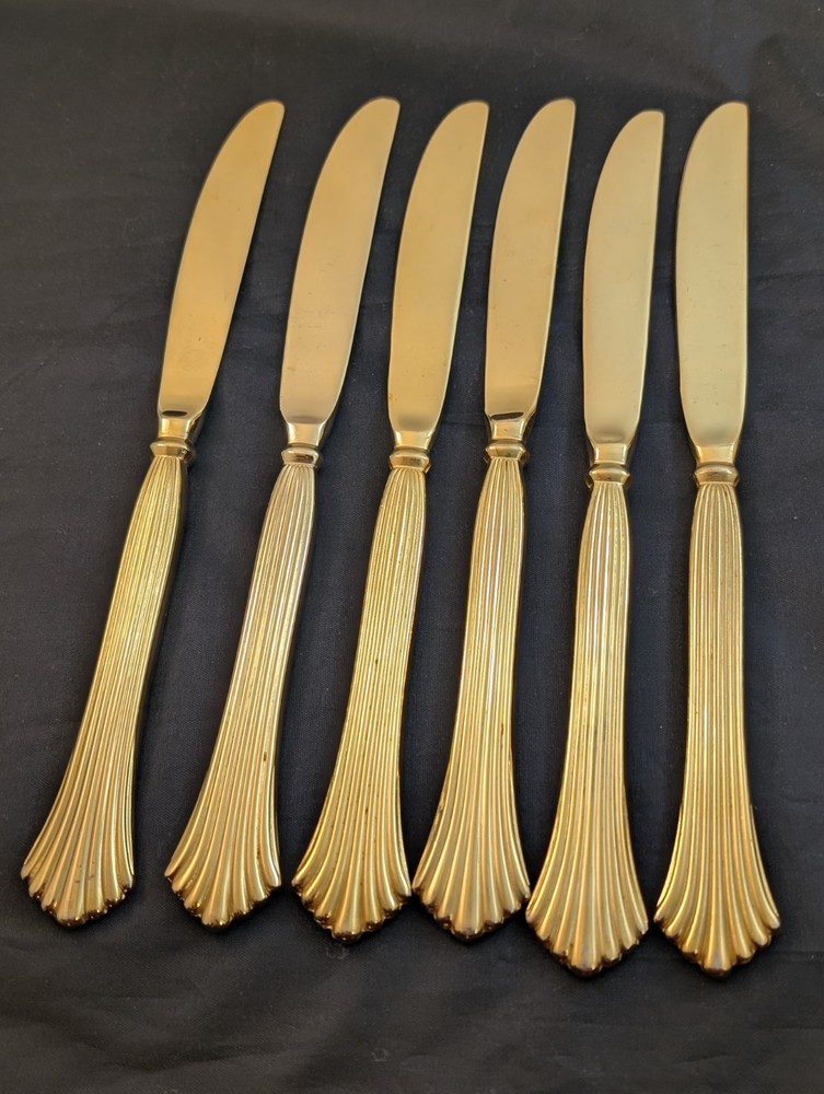 6pc Rogers PAVILLION Gold Electroplate Korea Stainless Solid Handle Knives