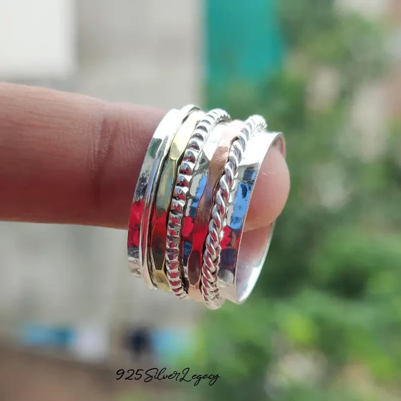 Hammered Spinner Ring, Silver With Copper Brass Spinner Ring, Fidget , All Size