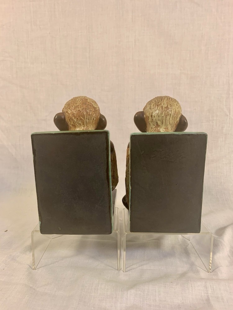 Pair Vtg Ceramic SMILING MONKEY BOOKENDS Large 6"x 3" Size HEAVY