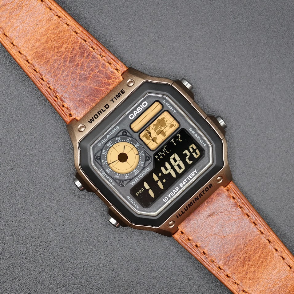 CASIO AE-1200WHD. Royale Watch Mod. Gold Filter. Leather Strap. Negative Display