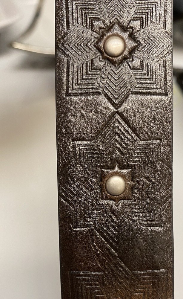 Relic Leather Espresso Studded Engraved Silvertone Hardware Belt