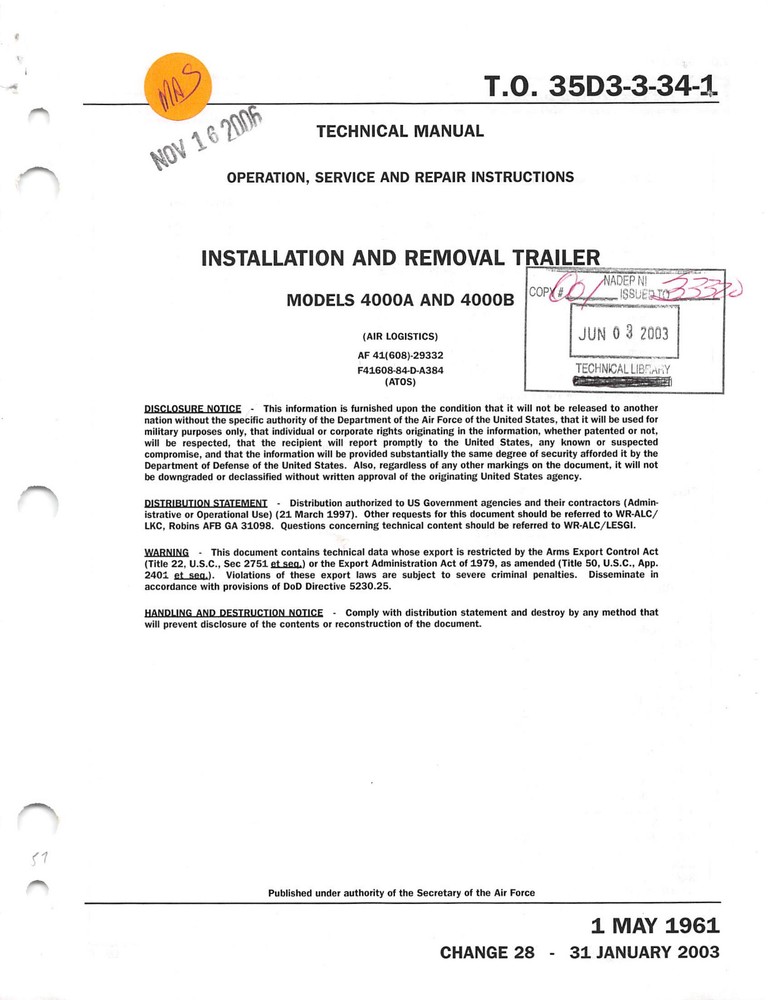 Aircraft Components Installation & Removal Trailer Model 4000 Flight Manual -CD
