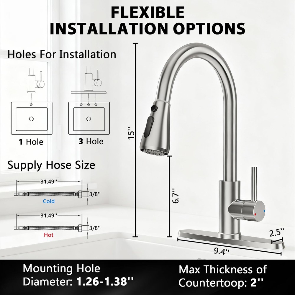 FEELSO Single Handle Kitchen Faucet Pull Down Sprayer Brushed Nickel