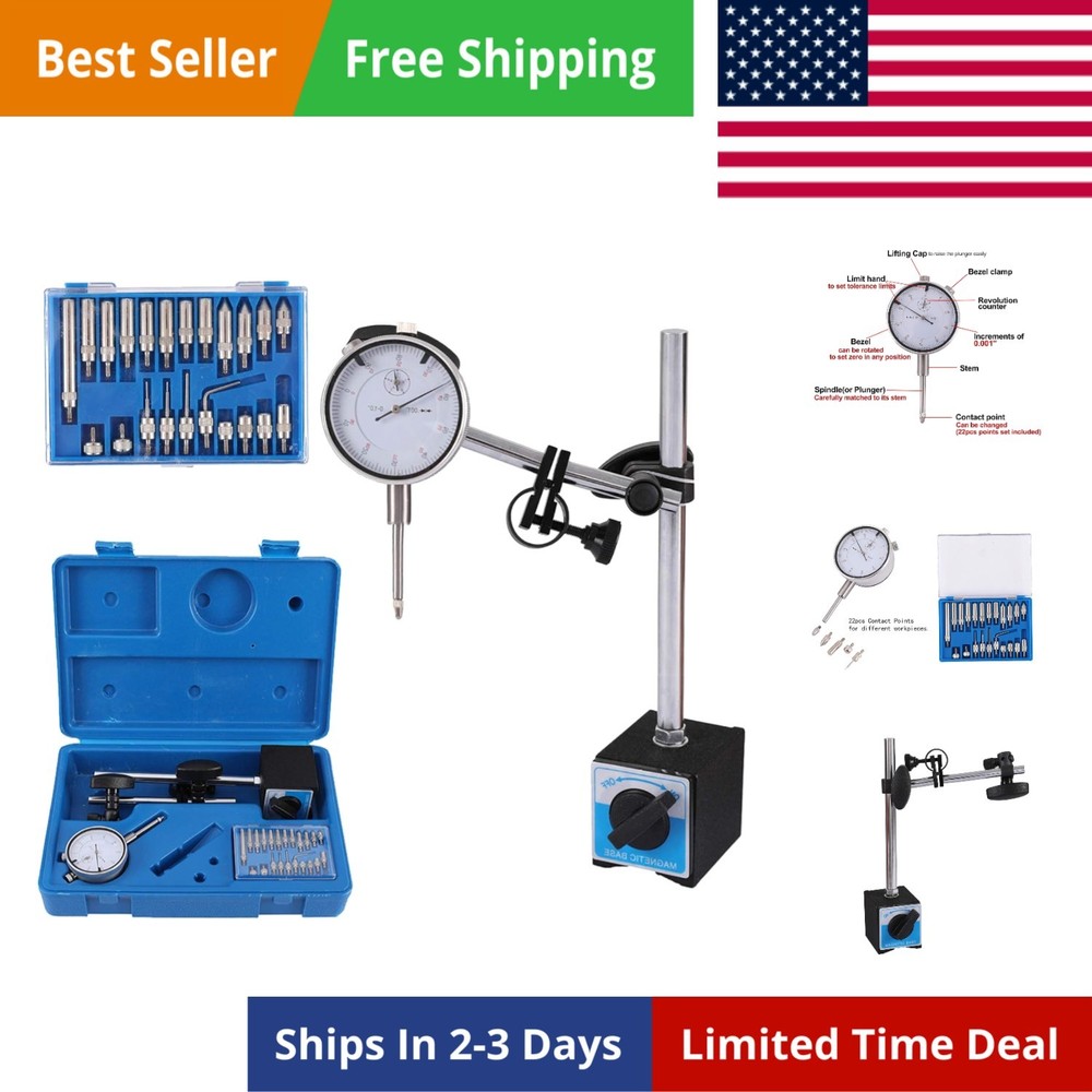 Dial Indicator with Magnetic Base Holder Fine Adjustable Long Arm 0-1" Magnet...