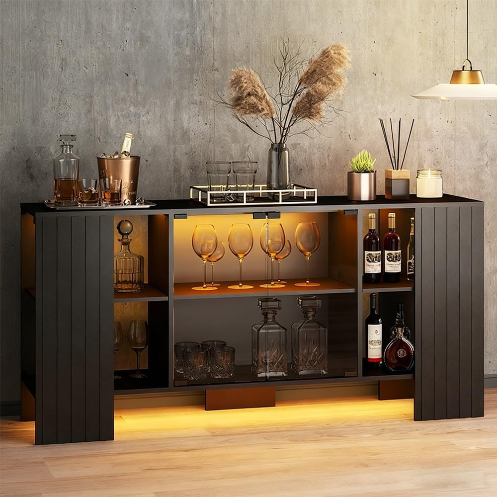 Modern Black Sideboard Buffet Cabinet with LED Lights & Glass Doors, 58