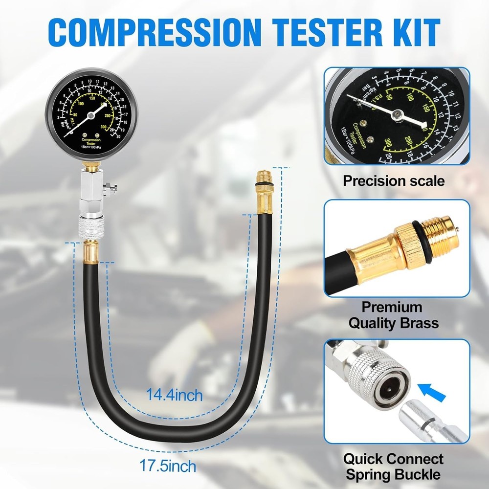 Efficient Engine Compression Tester Kit - Triple Range Pressure Gauge Included