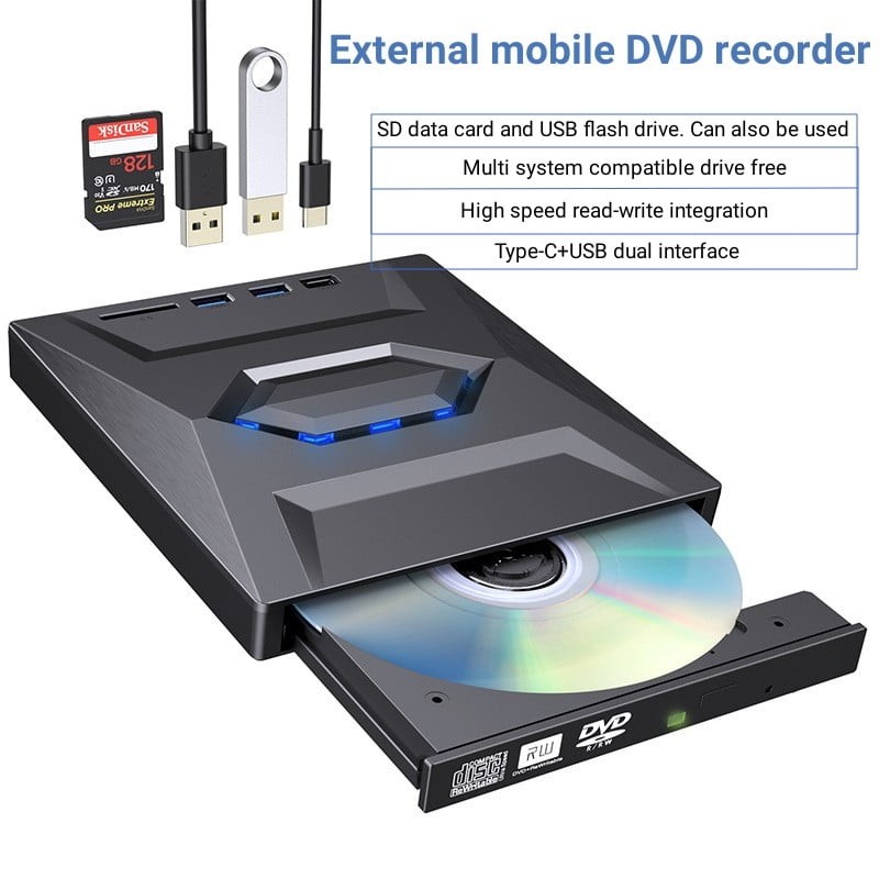 External USB 3.0 Type-C DVD CD Burner Drive With SD Card Reader, Laptop PC Mac​
