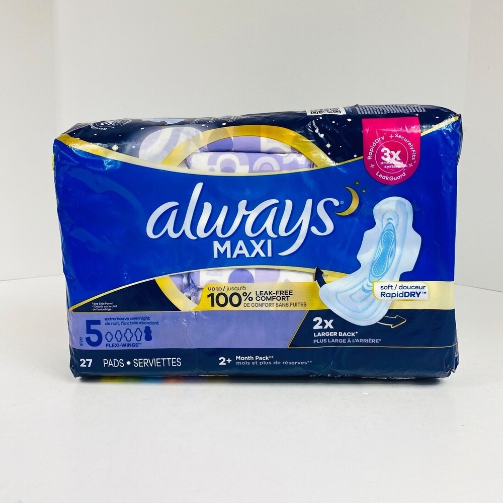 Always Maxi Pads Size 5 Extra Heavy Overnight 27 Count RapidDry Protection