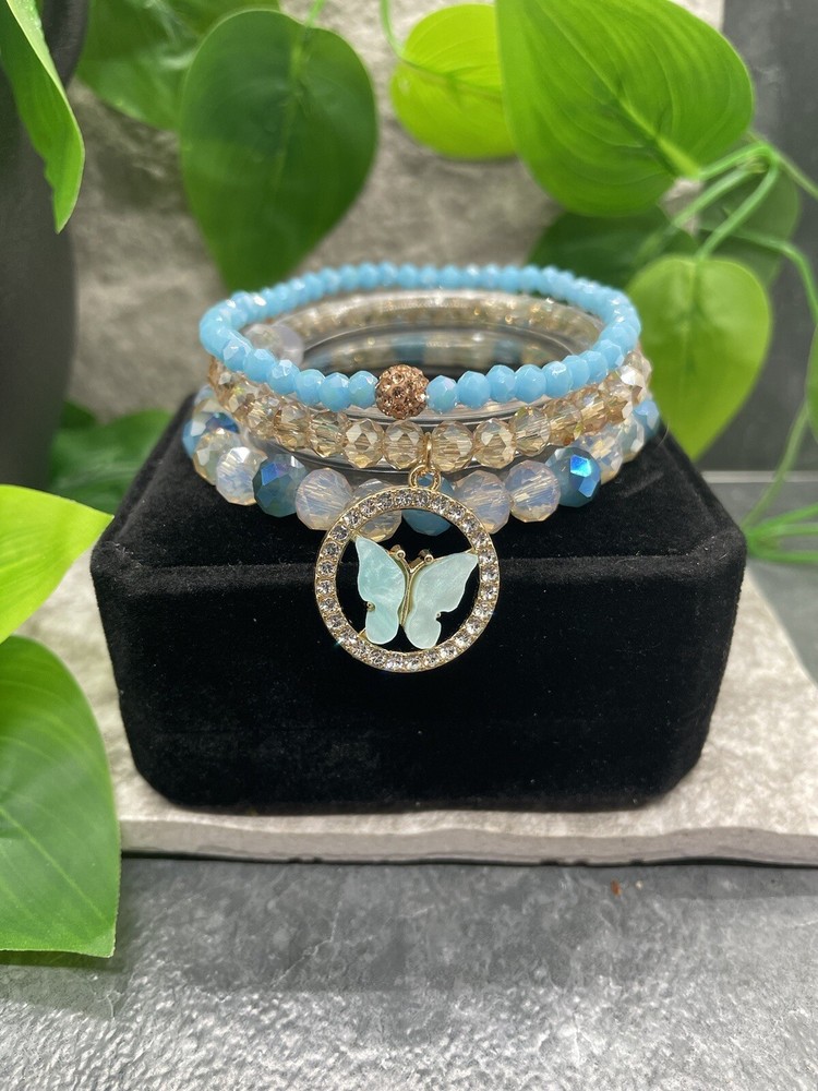 3 PC Handmade Bead Stackable 6.5” Plus Stretch Bracelet Set New Butterfly A2131