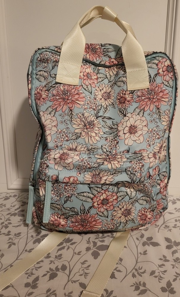 Floral Satin Backpack Blue Pink Bookbag
