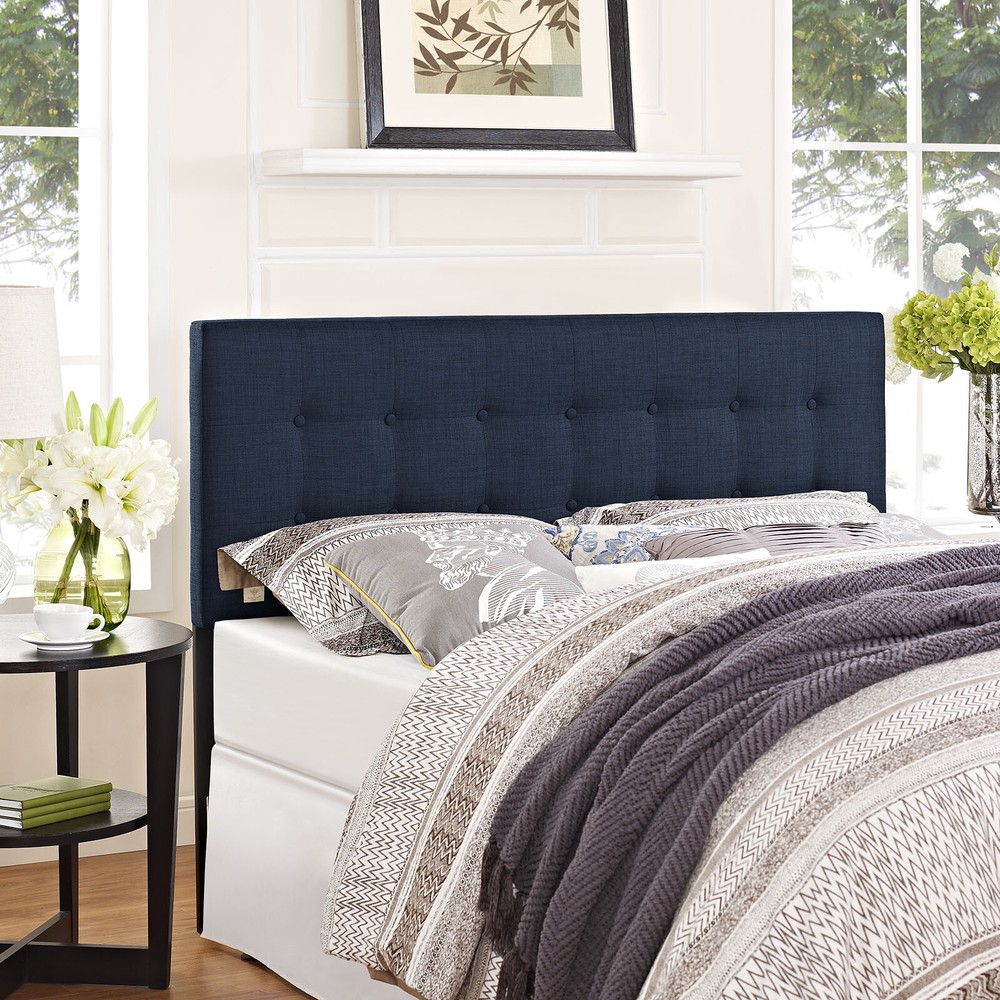 Modway Fabric Upholstered Button Tufted Square Queen Size Headboard in Navy