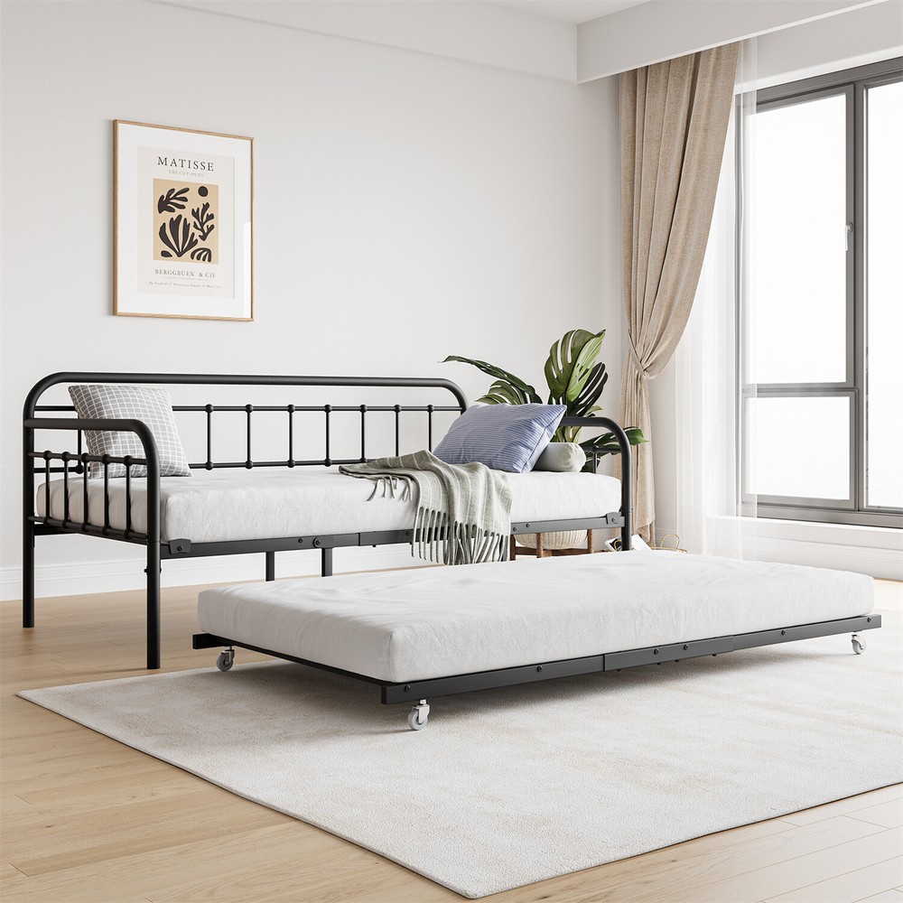 Twin Size Metal Daybed Bed Frame Sofa Bed w/ Pull Out Trundle Bed Black