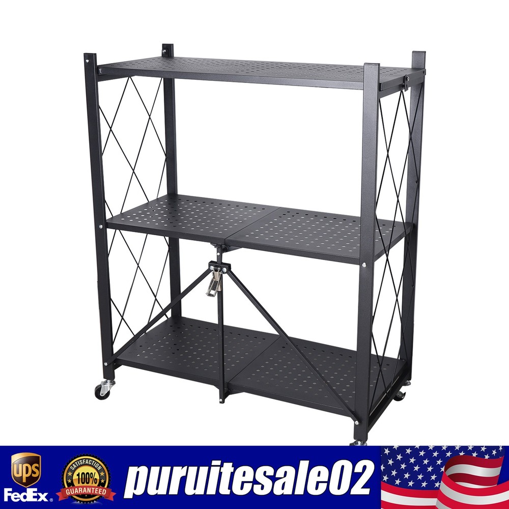 Storage 3 Tier Wide Folding Metal Shelf ,Rolling Trolley Utility Cart Black
