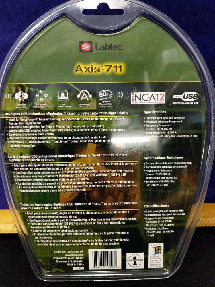 NEW SEALED Labtec Axis 711 Digital USB Mono Headset FOR PC VOICE ACCESS