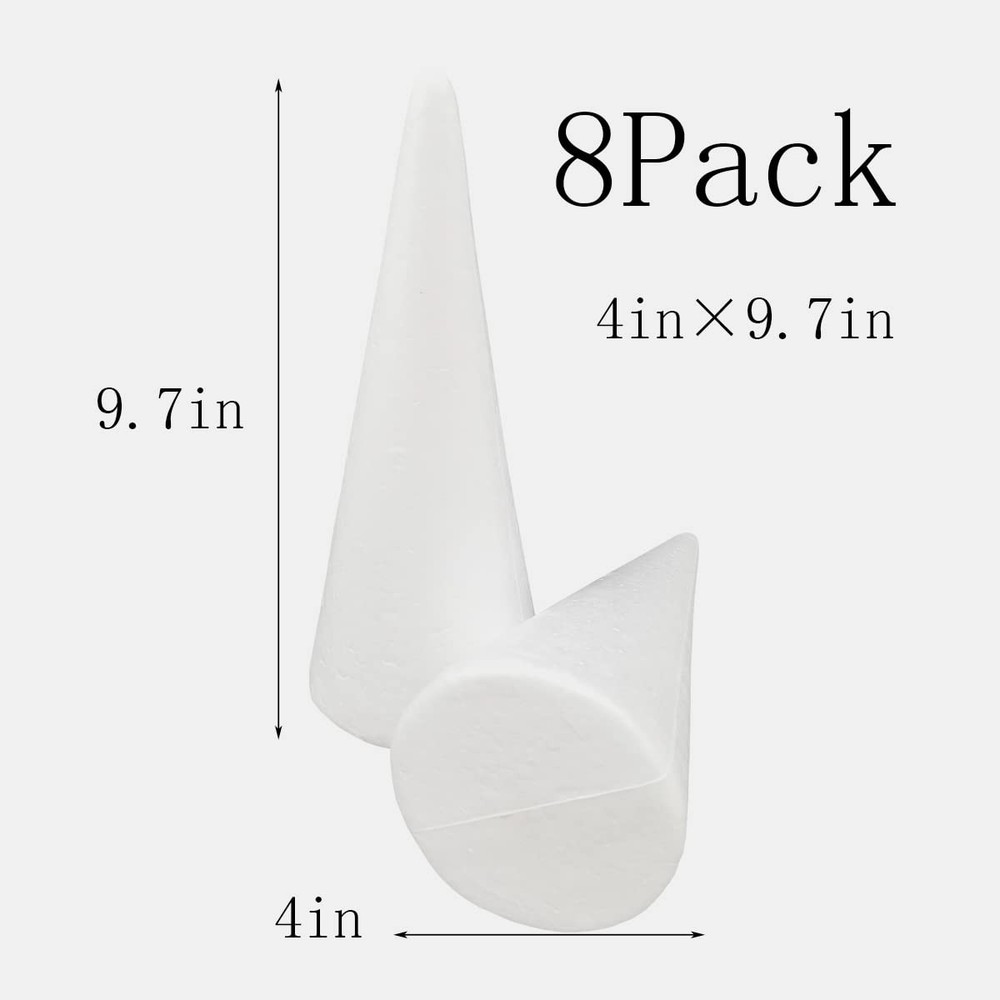 8-Pack 4x9.7 inch White Polystyrene Craft Foam Cones for DIY Projects