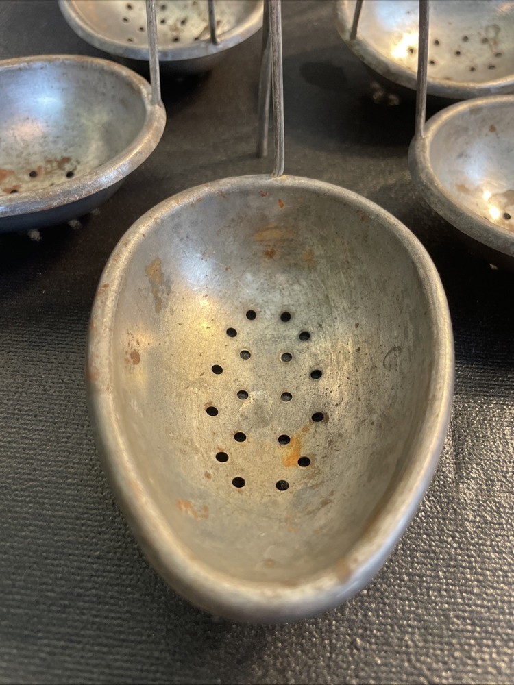 Vintage 5 Metal Tin Egg Shaped Oval Strainer w/ Handle