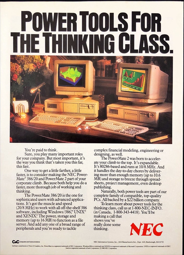 1989 NEC Powermate 386 Vintage Print Ad PC Computer Power Tools Thinking Class