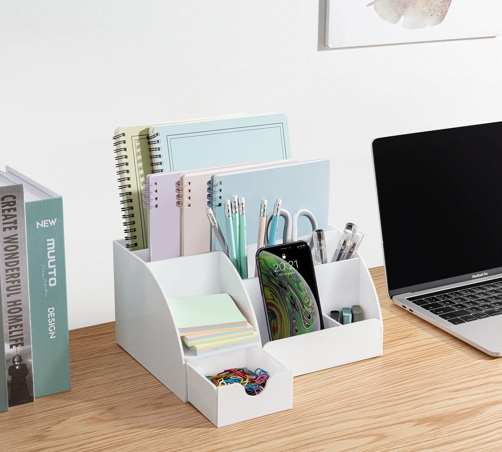 White Desktop Organizer - 9 Compartment Office Desk Accessories Organizer - P...