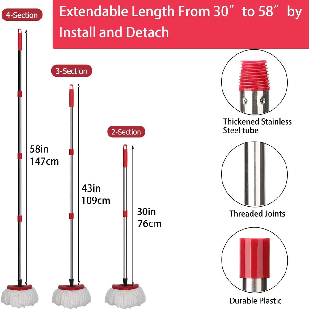 Spin Mop Set - 4 Microfiber Heads, Base, 30-58'' Handle with OCedar EasyWring...