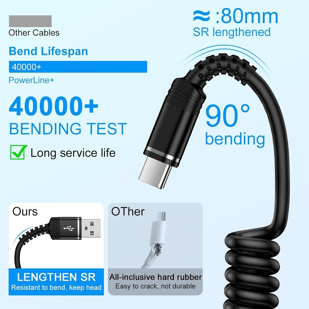 Fast Charger Cable Coiled USB C for Car 3FT Android Auto Type A to 3FT, Black