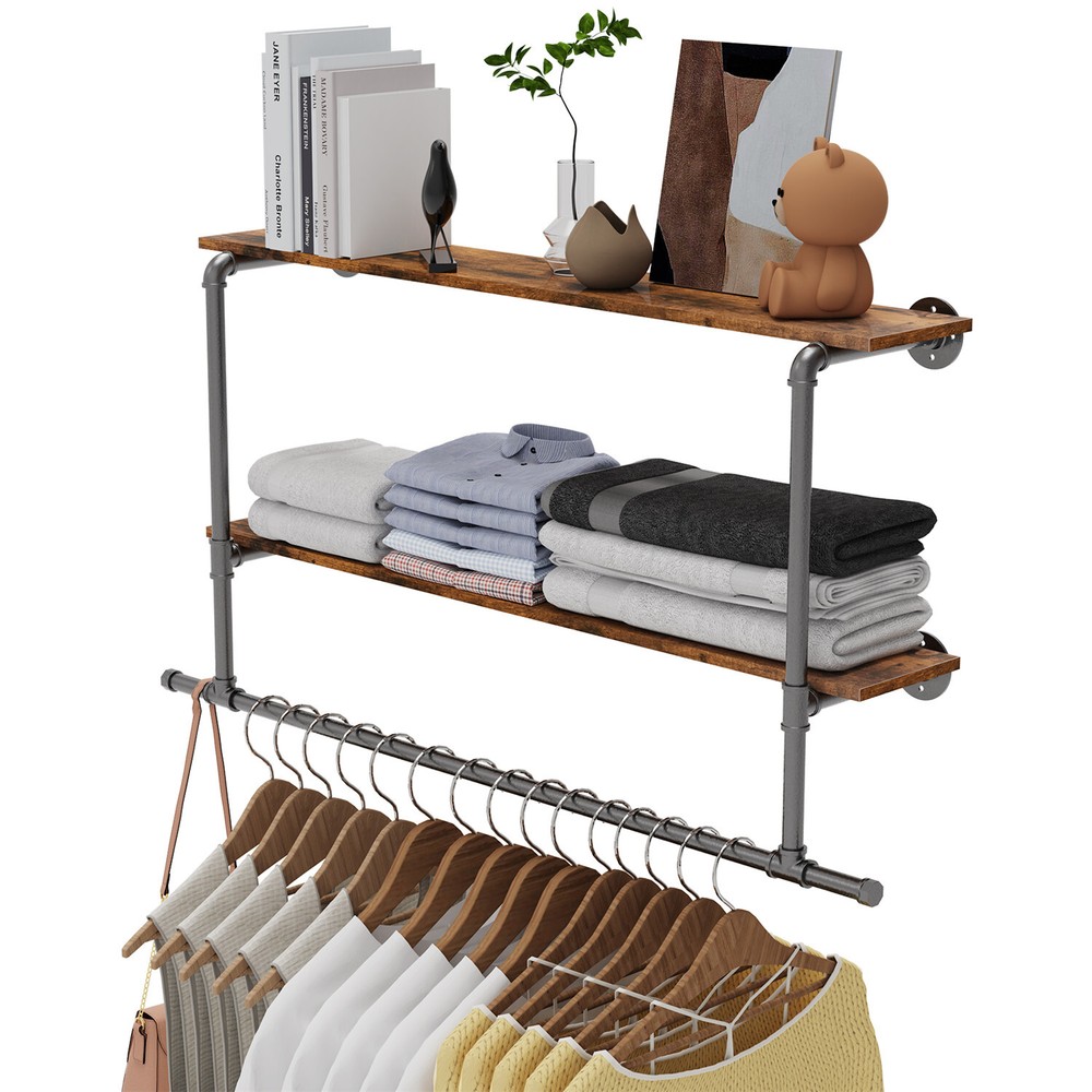 Saving Space Clothes Display Rack Wall-mounted with Hanging Rod for Laundry Room