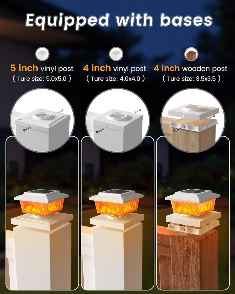 Solar Fence Post Cap Lights 6pack, White Solar Deck Cap Flame Light Outdoor