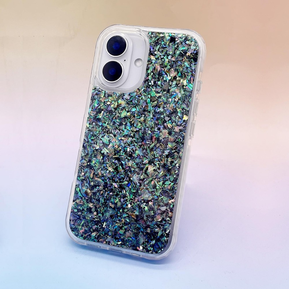 iPhone 16 6.1" MagSafe Bling Case Real Seashell Pattern Protective Cover Emerald