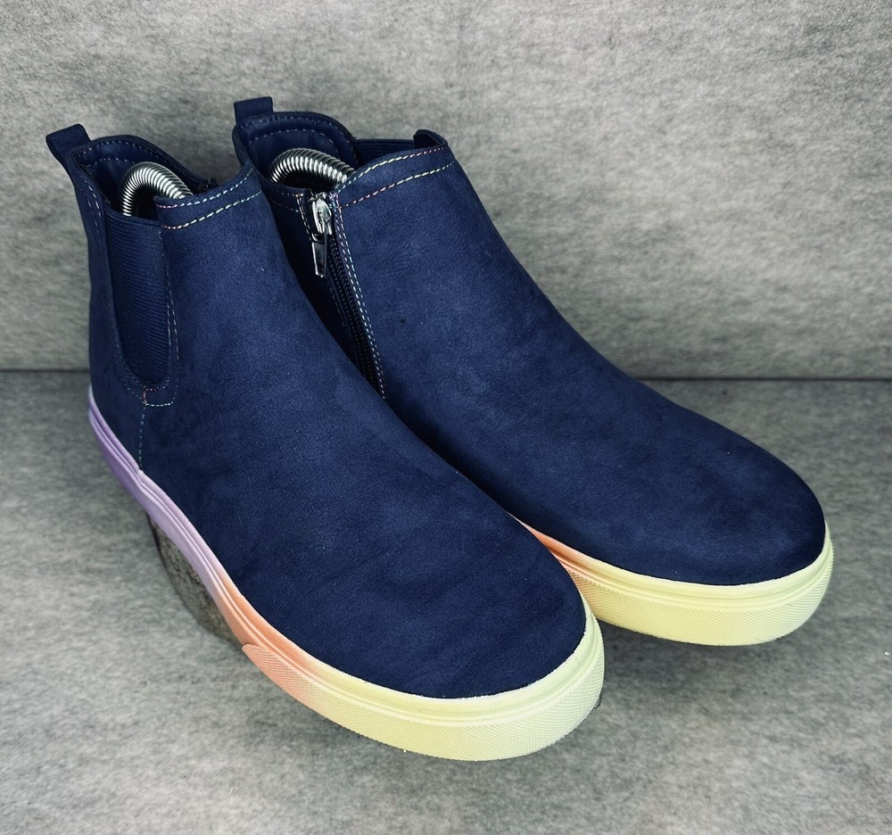 Lands End Navy Bootie Size 6 Zip Closure Rainbow Sole EUC