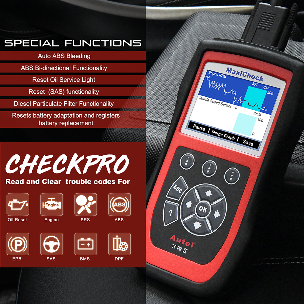 Autel MaxiCheck Pro ABS SRS Brake OBD II Diagnostic Tool Code Scanner