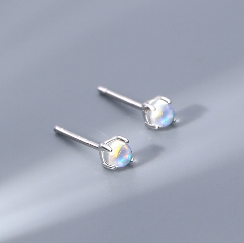 925 Sterling Silver Tiny Moonstone Opal Stud Post Earrings 5mm Gift F16