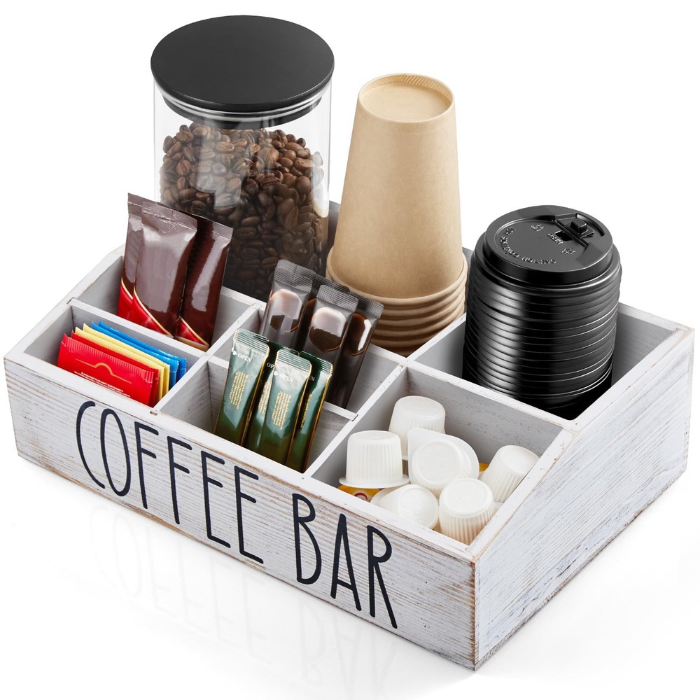 White Coffee Station Organizer Countertop 7 Compartment Rustic Bar Decor