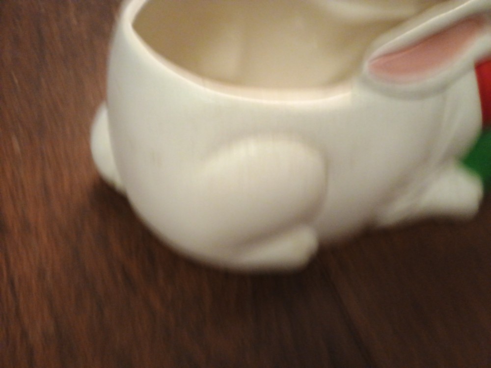 Vtg Hand Painted White 3D Rabbit w Cabbage Tulips Easter Spring Ceramic Planter
