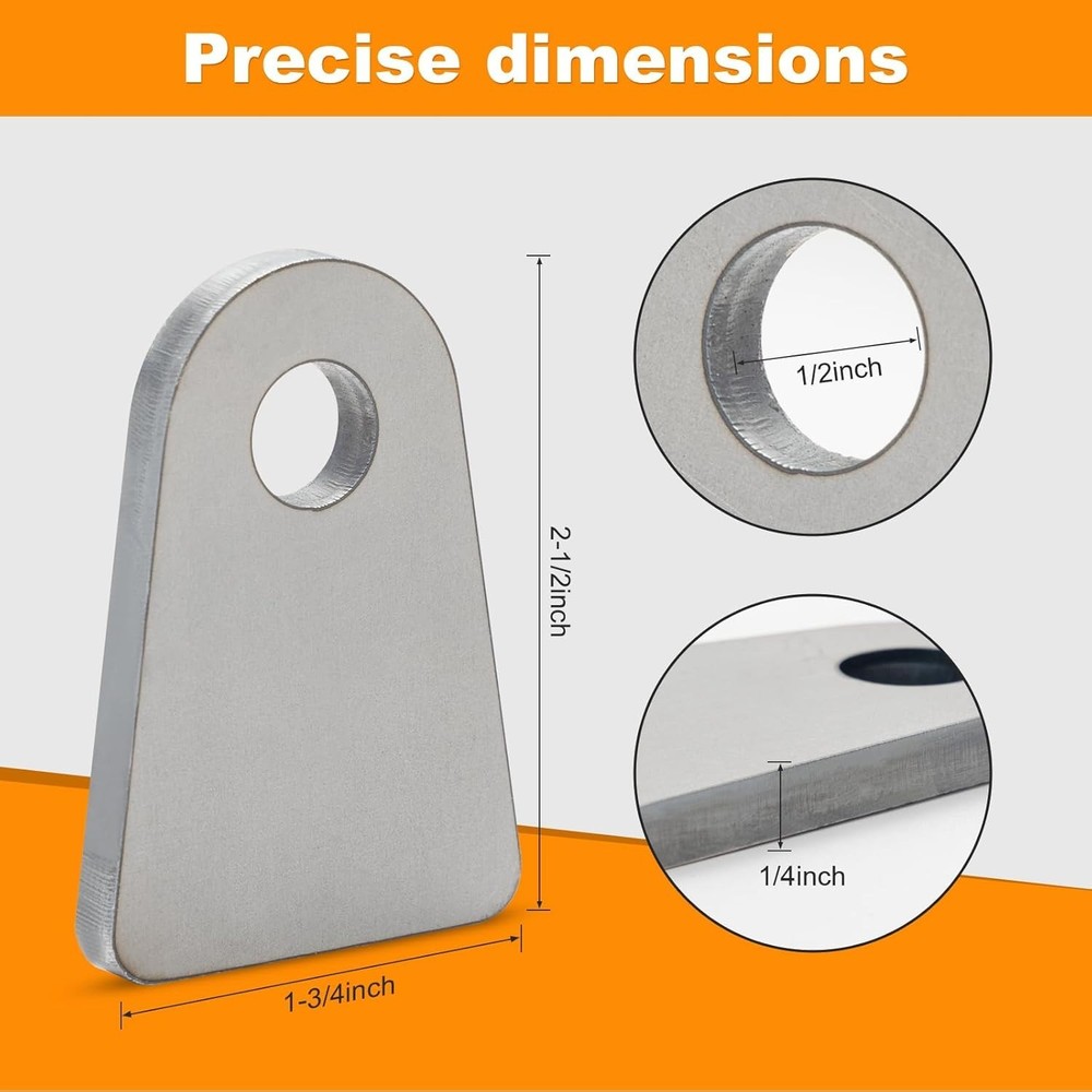 Weld on Tabs, 1/2" Hole Weld on Shock Mount Bracket, Flat Bottom 8 Pcs Silver