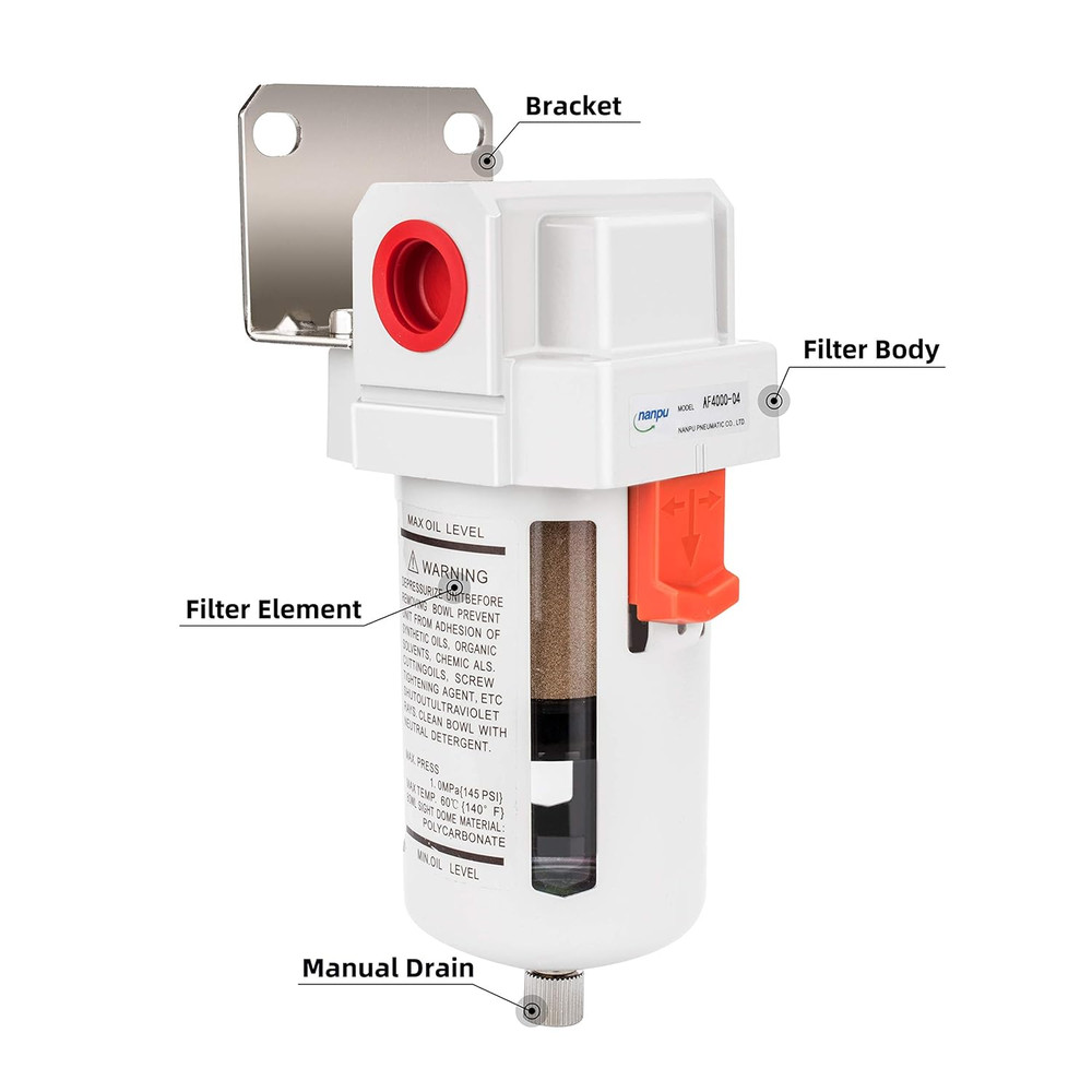 1/2" NPT Compressed Air Line Filter, 5 Micron Brass Element, Bracket, Poly Bowl,
