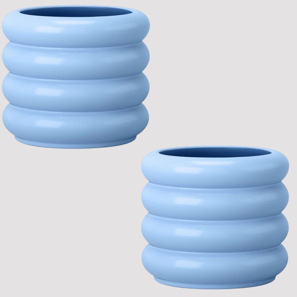 2-PK Small Bubble Ceramic Planters – Pastel Blue – 5" Diameter – Plugged Drain