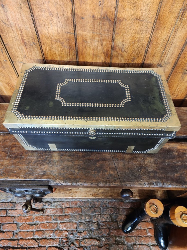 Antique Black Brass Rivetted Wooden Solid Trunk.