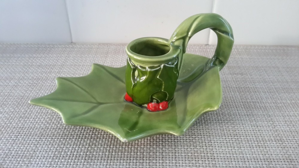 Handmade Glazed Ceramic Christmas Holly Leaf  Candle Holder Signed EUC