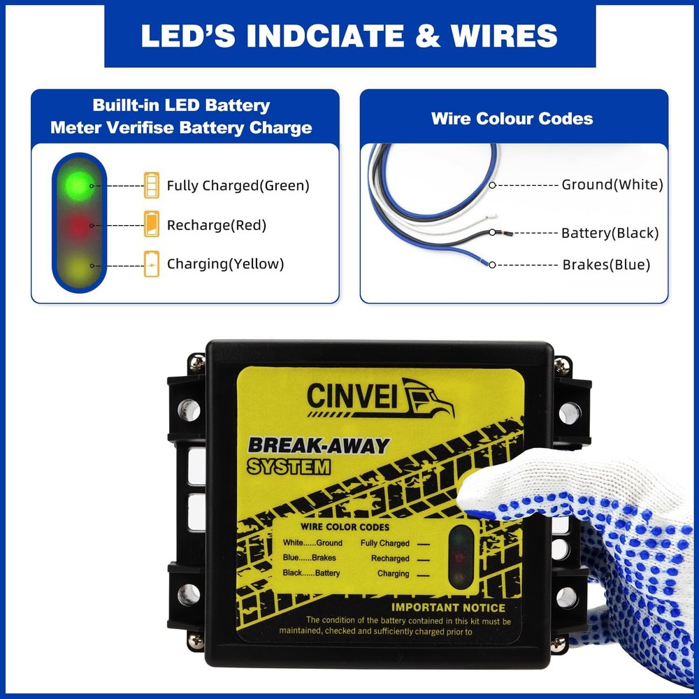 CINVEI Trailer Brakes Break-Away Kit Side Load Controller System Switch LED Batt