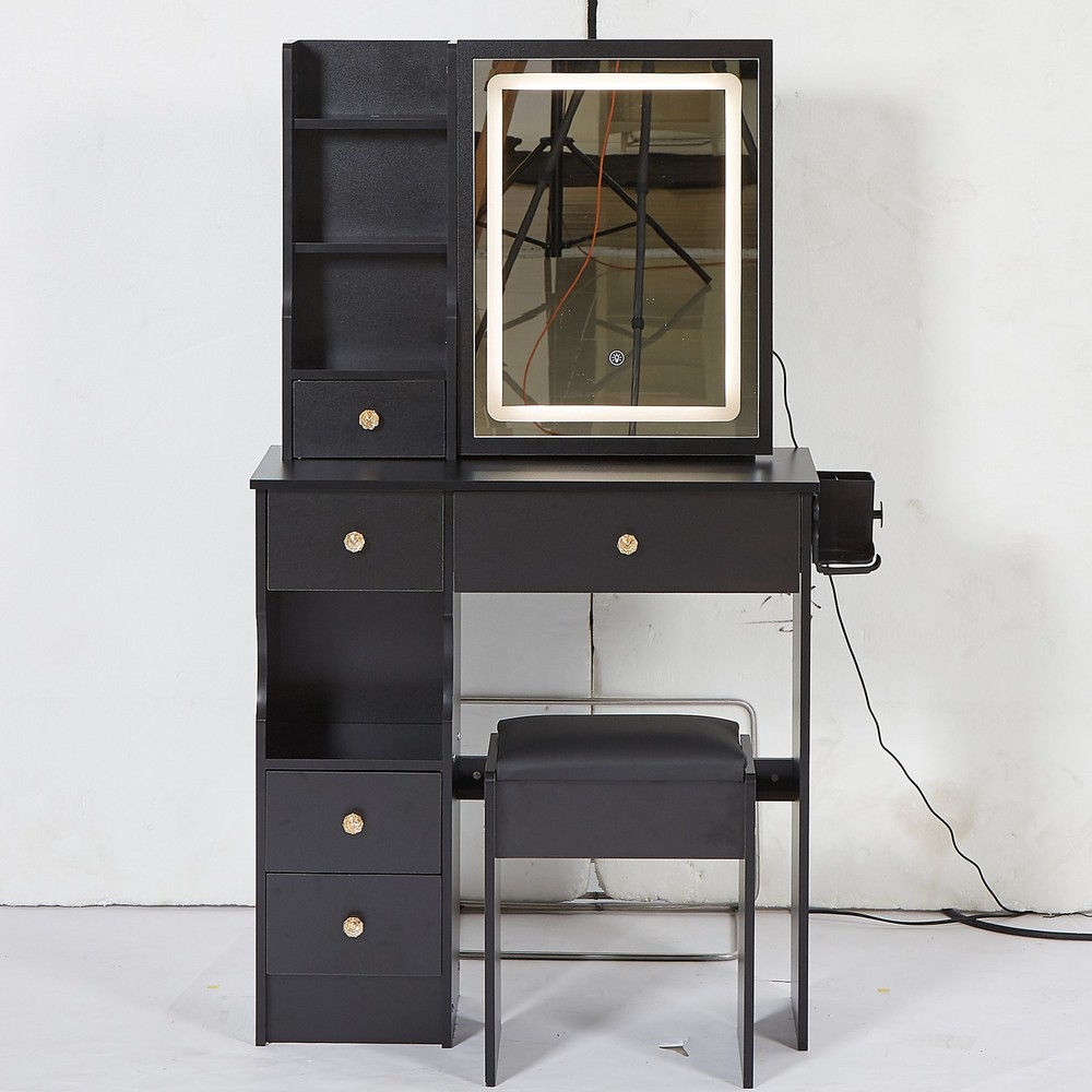 29.2" Small Size Left Drawer Desktop Vanity Table + Cushioned Stool, 2 AC+2 USB