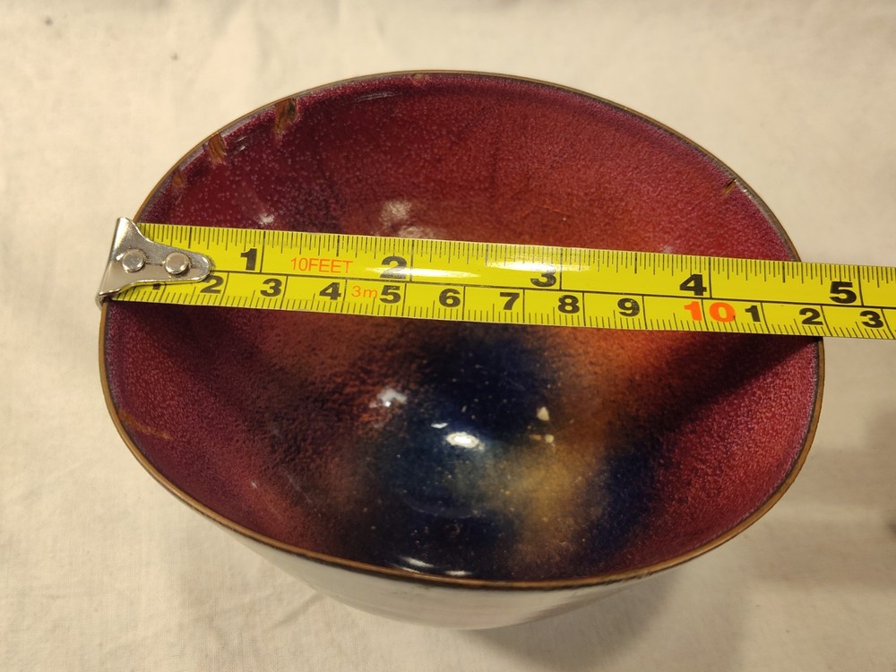 Vintage Brutalist Enamel On Copper Bowl Signed