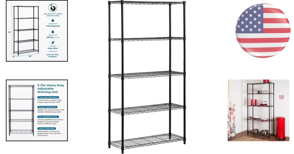 Maximize Storage with 5-Tier Adjustable Shelves - 200 lb Capacity, Rust-Proof