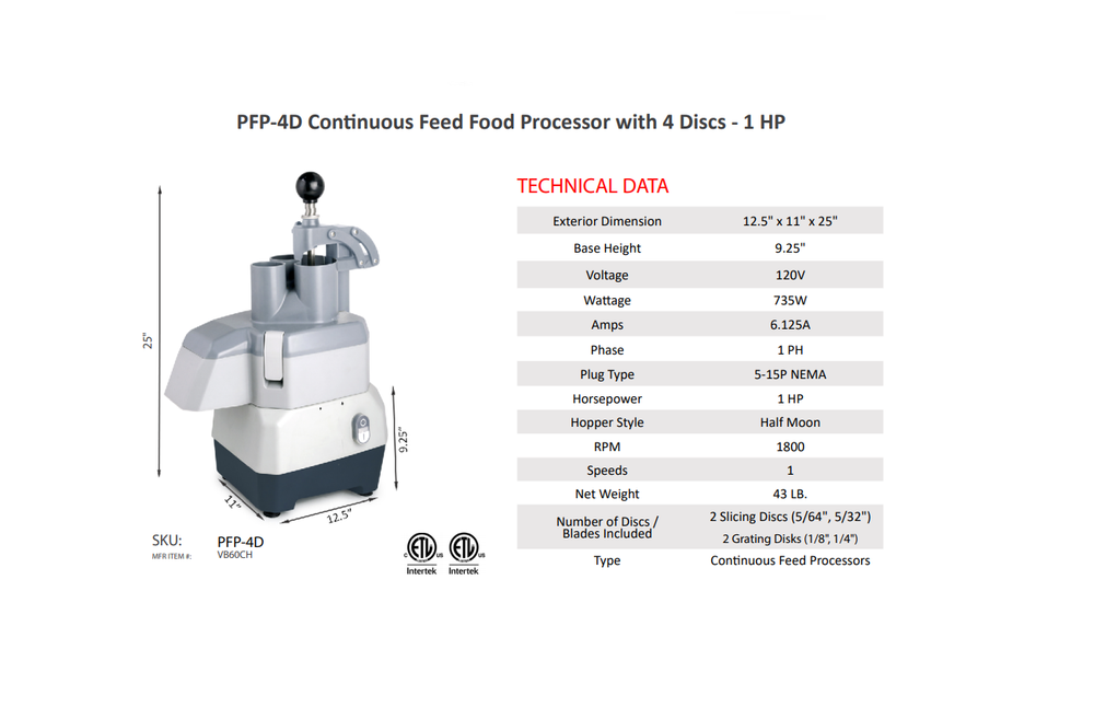 Prepline PFP-4D, Continuous Feed Food Processor with 4 Discs - 1 HP