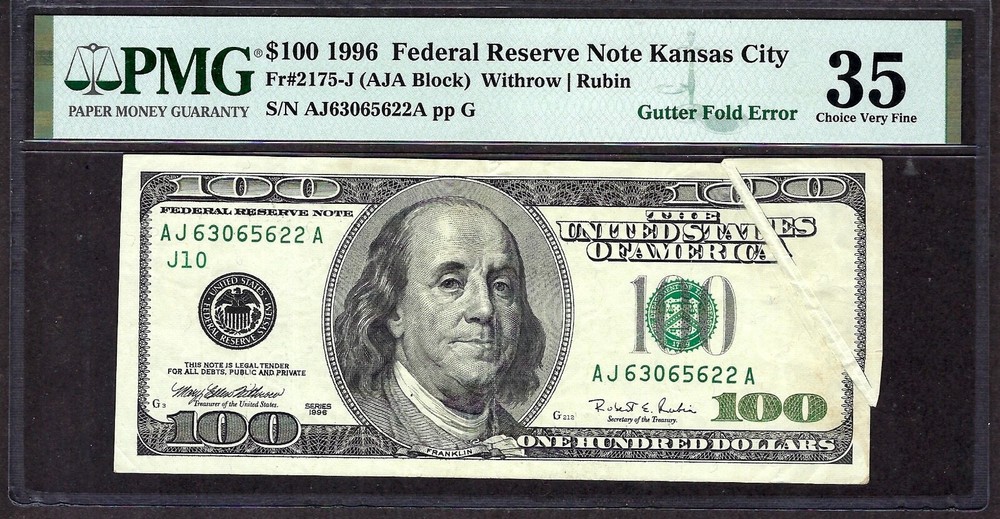 🇺🇸 ERROR 1996 $100 KANSAS CITY ♚♚GUTTER FOLD ERROR♚♚ PMG CHOICE VERY FINE 35