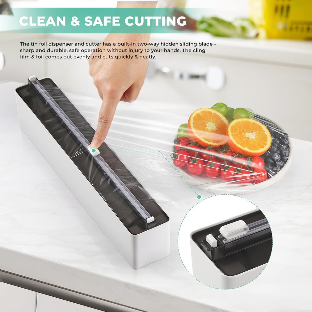 Magnetic Plastic Wrap Dispenser with Cutter - Practical Refillable Aluminum T...
