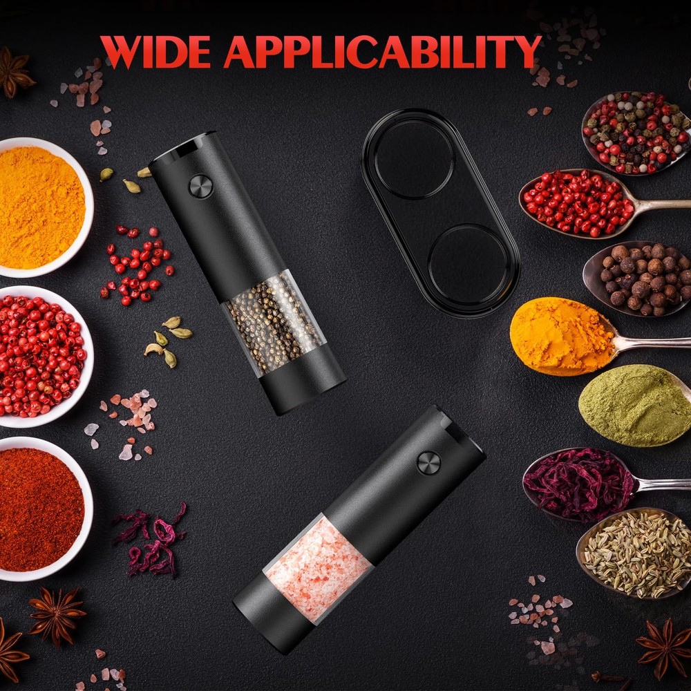 Electric Salt and Pepper Grinder Set Automatic Battery 2 Pack, Black/Black