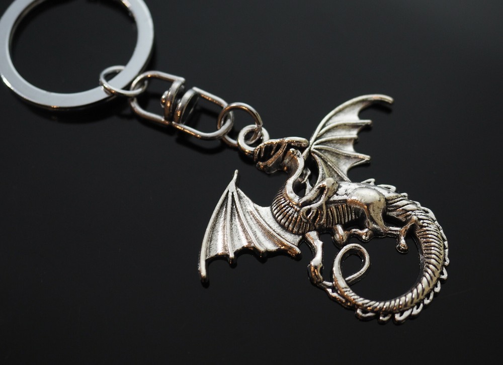 Winged Dragon Long Tail Silver Keychain Swivel