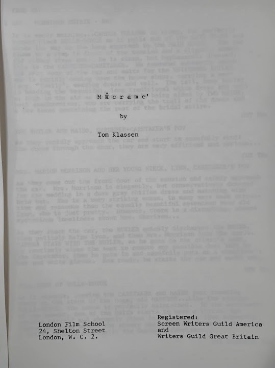 Vintage Original Script "Macrame" by Tom Klassen Last Horror Film