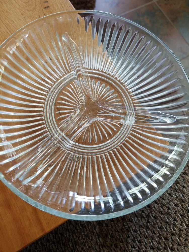 TWO KIG Indonesia Clear Glass Three Compartment Ribbed Nut Candy Dish